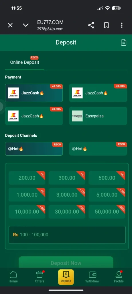 Eu777 Game Deposit Section